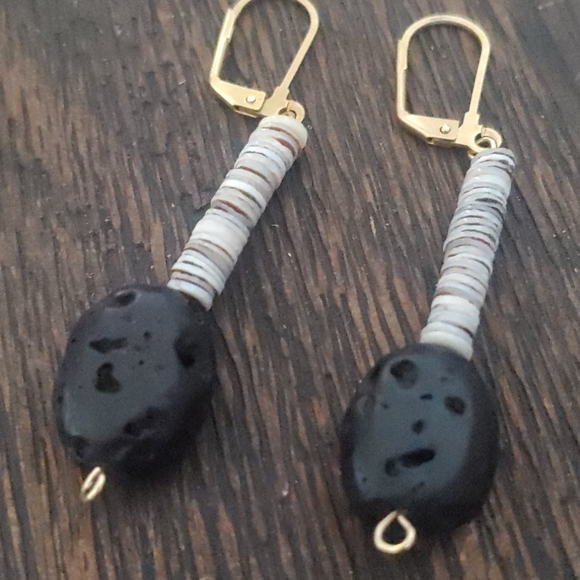 Lava Rock Gold Dangle Earrings - Picture 2 of 5